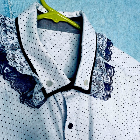 Navy and White Polka Dot Button Down Crop Top Shirt w/ Lace Trim - Picture 4 of 7